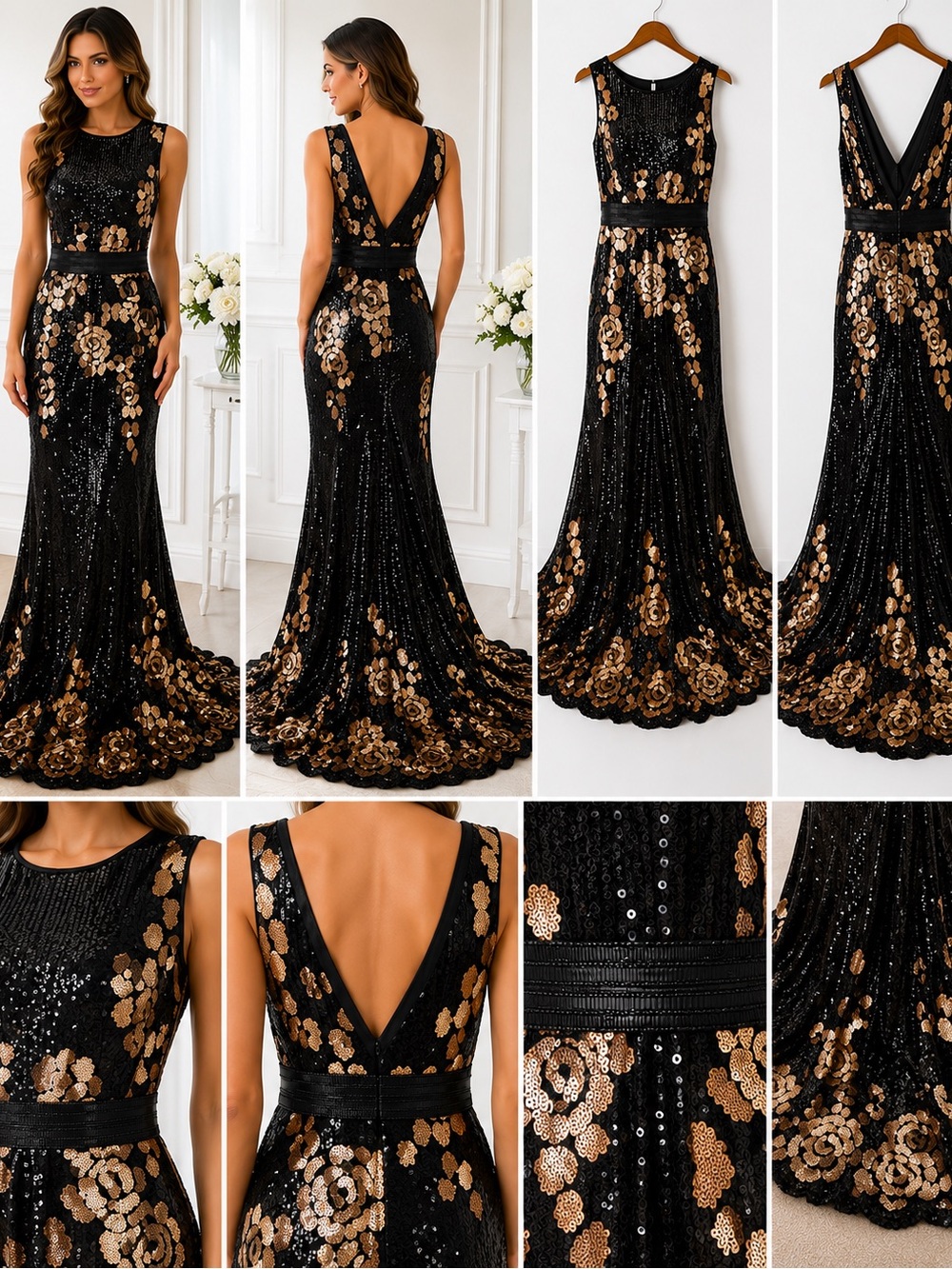 Camille La Vie Black & Gold Sequin Evening Gown - Women's Formal Dress
